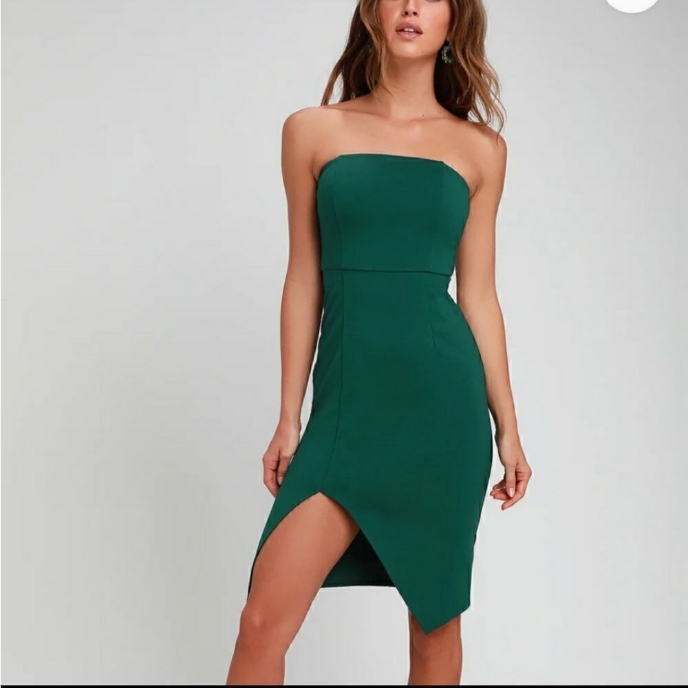 Lulu's Jazzie Forest Green Strapless Bodycon Dress Asymmetrical Slit G9